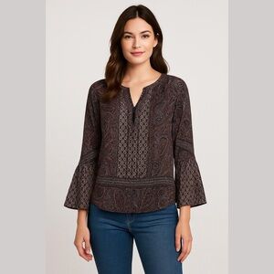 Belle Kim Gravel Paisley Bell Sleeve Blouse Burgundy  Size XS Fully Lined NWOT
